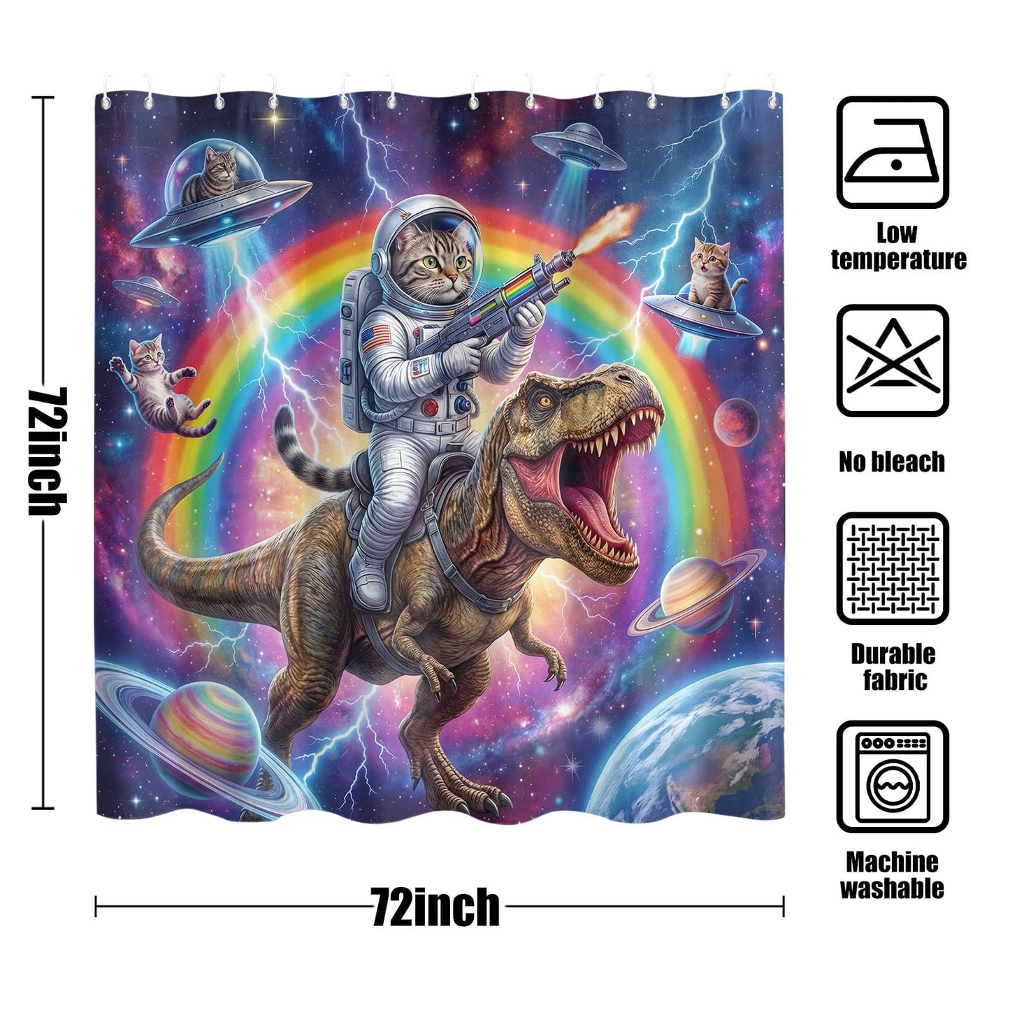 Lifeel Funny Cat Dinosaur Shower Curtain, Rainbow Laser Space Galaxy UFO Lightning Cool Meme Bath Curtain Set with Hooks Waterproof and Washable, 72 x 72 Inches