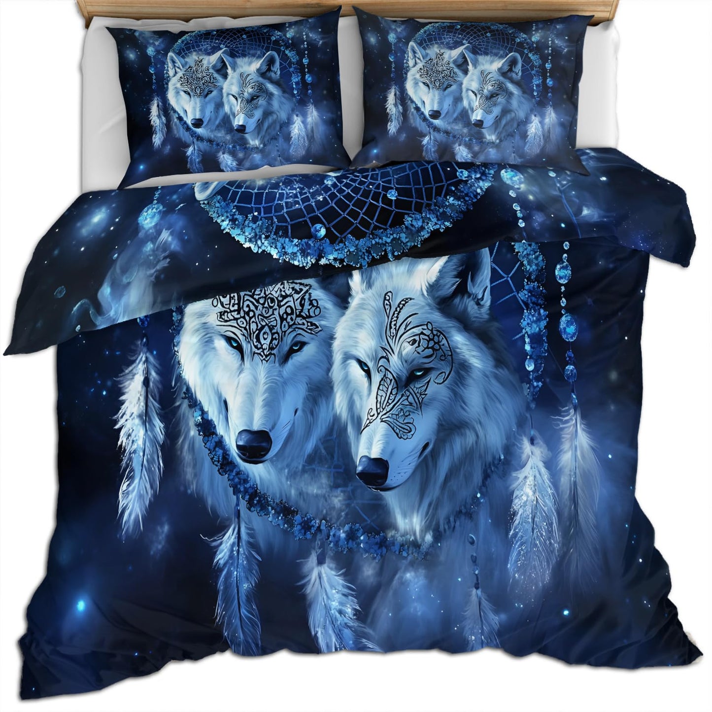 PAISUOQ Wolf Print Bedding, Mystical Wolf Duvet Cover Full, Blue Animals Comforter Cover with Zipper Ties, 3 Pieces with 2 Pillowcases, Home Decor & Gifts