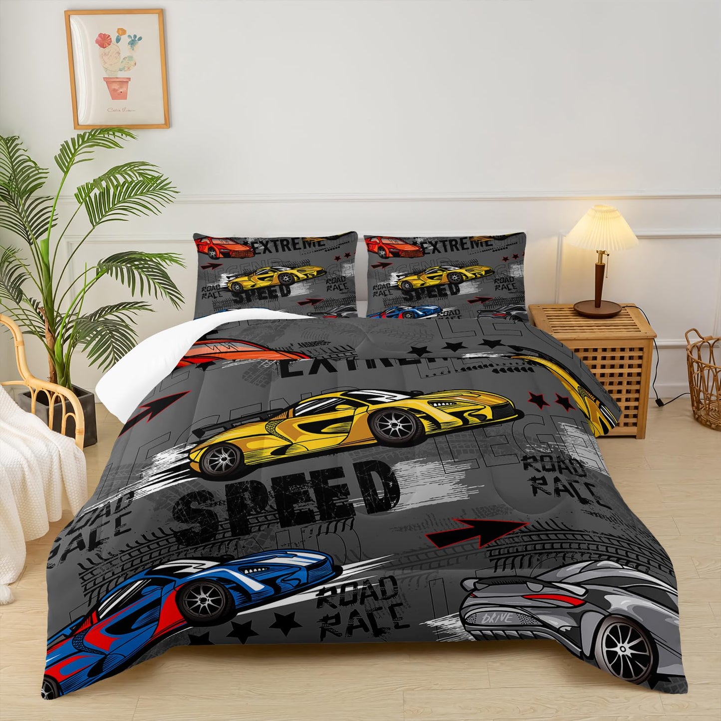 lneffble Race Car Full Comforter Set for Boys，Race Car Full Bedding Sets for Boys，Hot Wheels Cars Full Bedding Set，Theme Room Decor