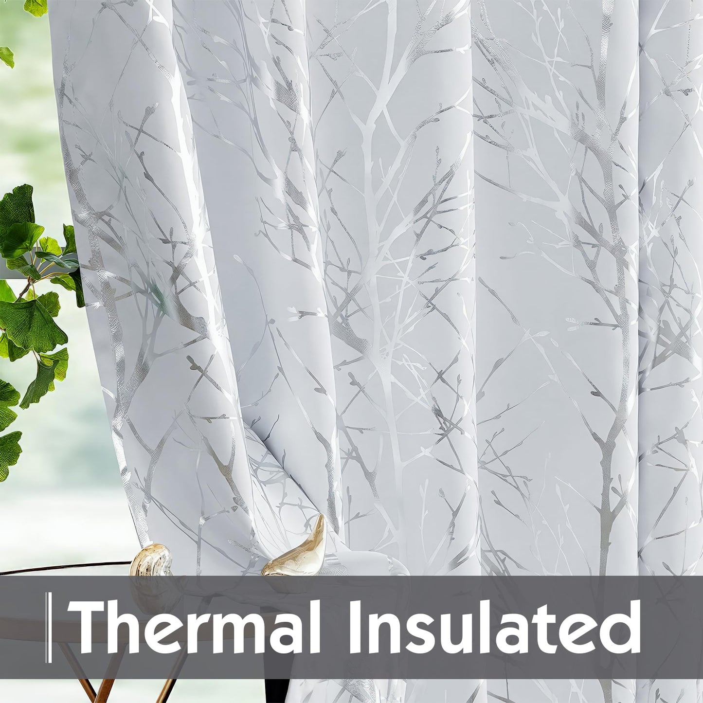 FMFUNCTEX 100% Blackout Curtains Siver Tree Branch Curtains for Living Room, Curtains 84 Inches Length Metallic Print Curtain for Bedroom, Room Darkening Drapes for Home Office Grommet Top 2 Panels