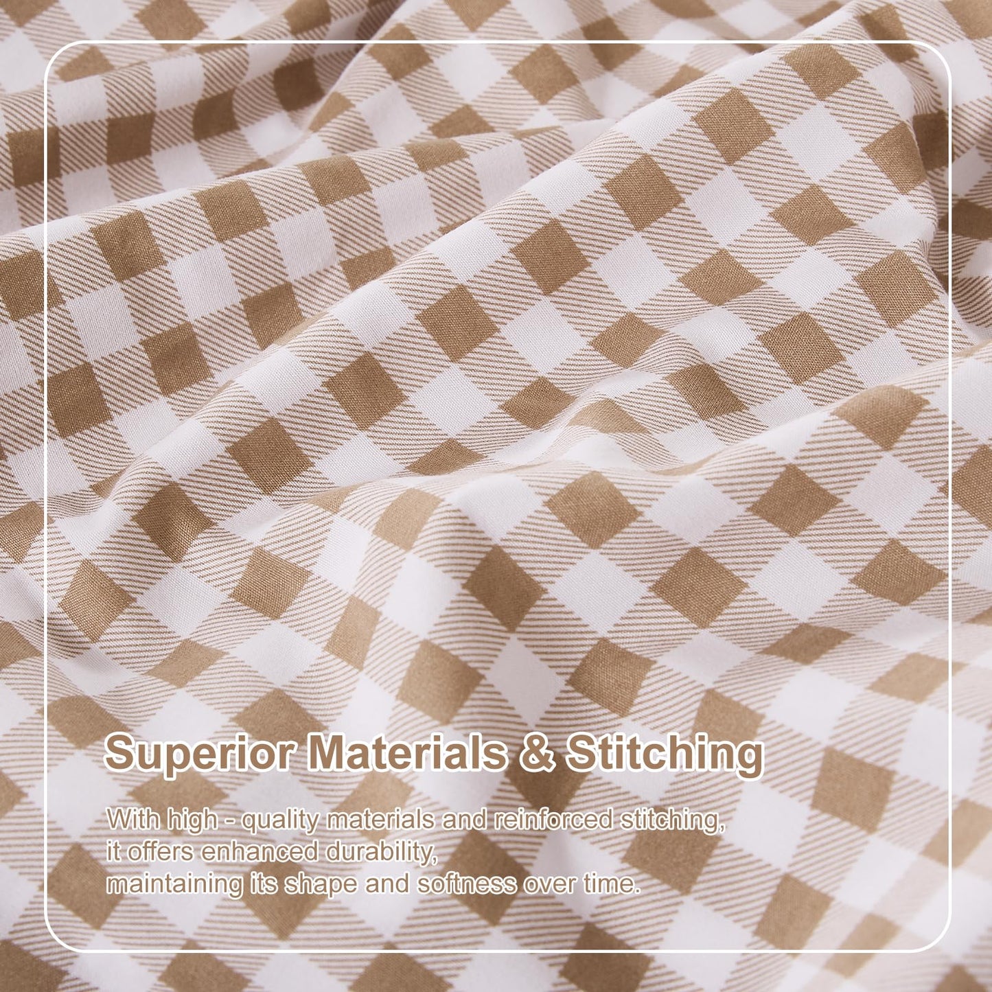 kisswish Gingham Full Sheet Set, Lightweight Super Soft Brushed Microfiber Plaid Bed Sheets with 16" Deep Pocket, 4 Piece Ruffle Farmhouse Bedroom Decor, Taupe