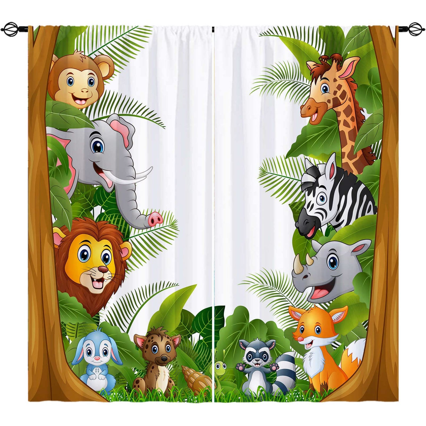 YUANZU Animal Curtains Rod Pocket Kids Boys Girls Forest Giraffe Lion Elephant Monkey Zebra Rhinoceros Jungle Zoo Print Pattern Window Drapes for Nursery Baby Bedroom Playroom W42 x L63 Inch 2 Panels