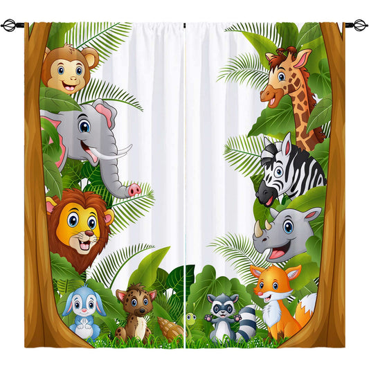 YUANZU Animal Curtains Rod Pocket Kids Boys Girls Forest Giraffe Lion Elephant Monkey Zebra Rhinoceros Jungle Zoo Print Pattern Window Drapes for Nursery Baby Bedroom Playroom W42 x L63 Inch 2 Panels
