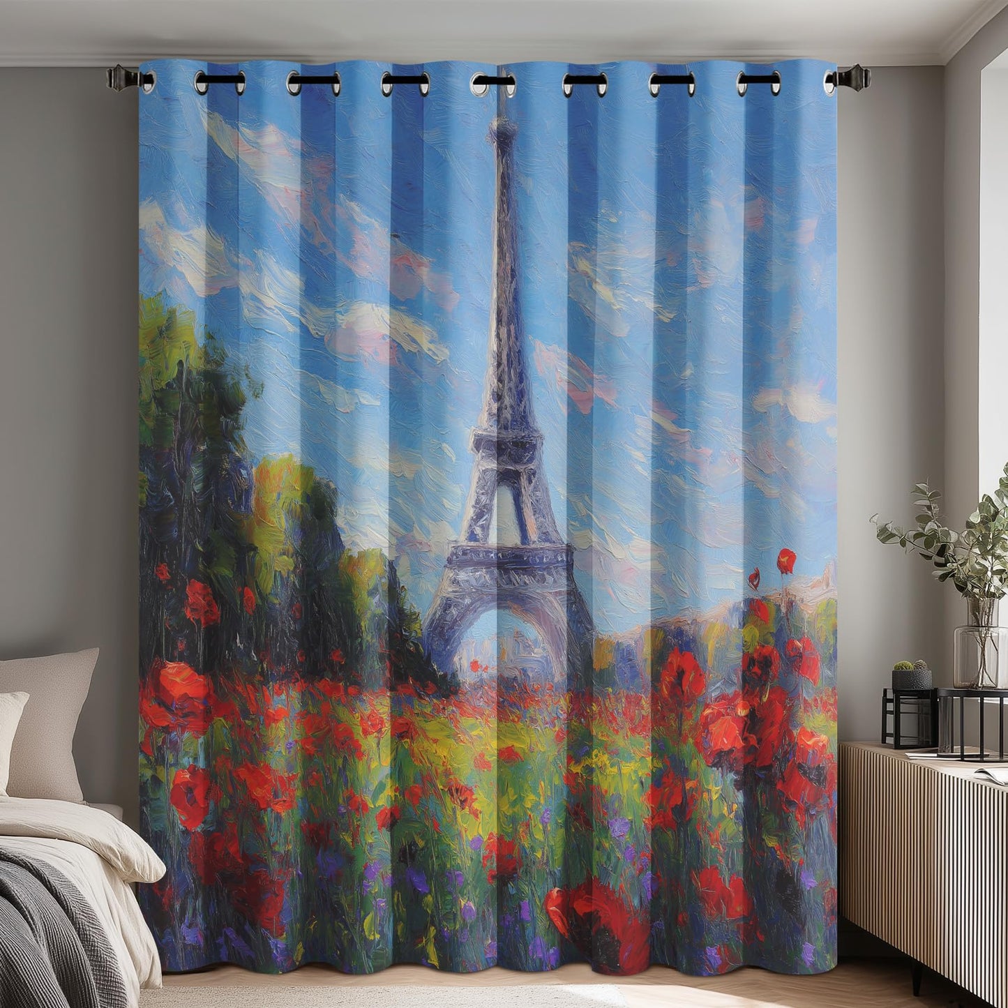 95% Blackout Eiffel Tower Curtains - Paris Wildflower Curtains for Bedroom Living Room Decor, Oil Painting Home Decor, Thermal Grommet Black Out Drapes 108 Inches Long 2 Panel Set X64
