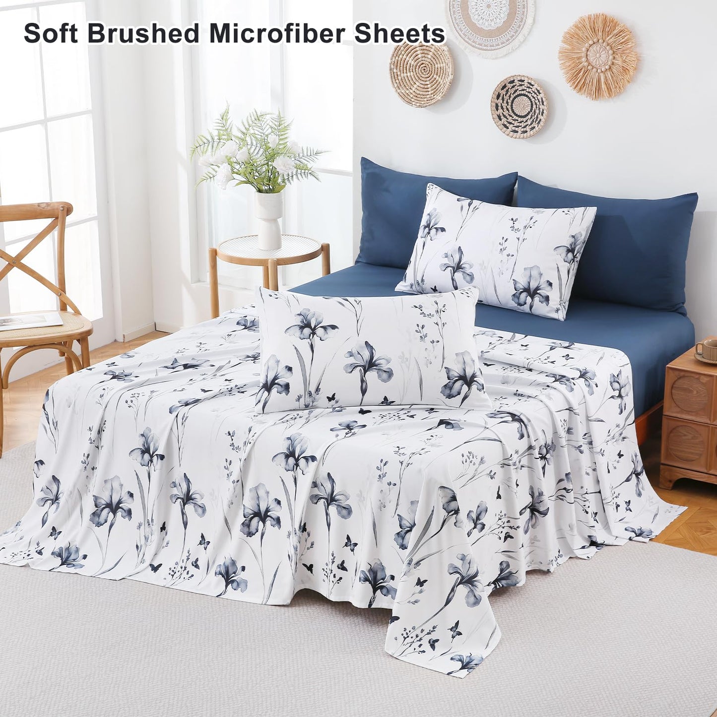 Swiftify Botanical Queen Bed Sheets Set 6-Piece, Boho Floral Brushed Microfiber Sheets, Cooling Bed Sheet Set, Soft & Breathable, 16' Deep Pocket Fitted Sheet & Pillowcase Set, Vintage Ink Iris
