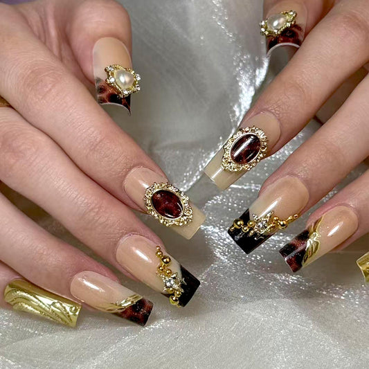 Long Press on Nails Square Fake Nails Gold Artificial Nail Tortoise Shell and Gold Charm Designs Rhinestones Stick on Nail for Women 24pcs