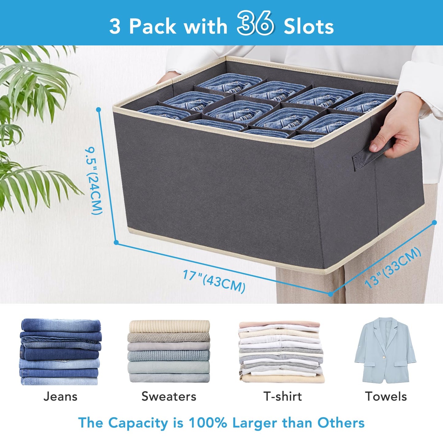 Baesyhom 3 Pcs Dark Grey 12-Slots Pants Organizers & 3 Pcs Beige Bed Sheet Organizers and Storage for Linen Closet with Handle, Large Size, Foldable