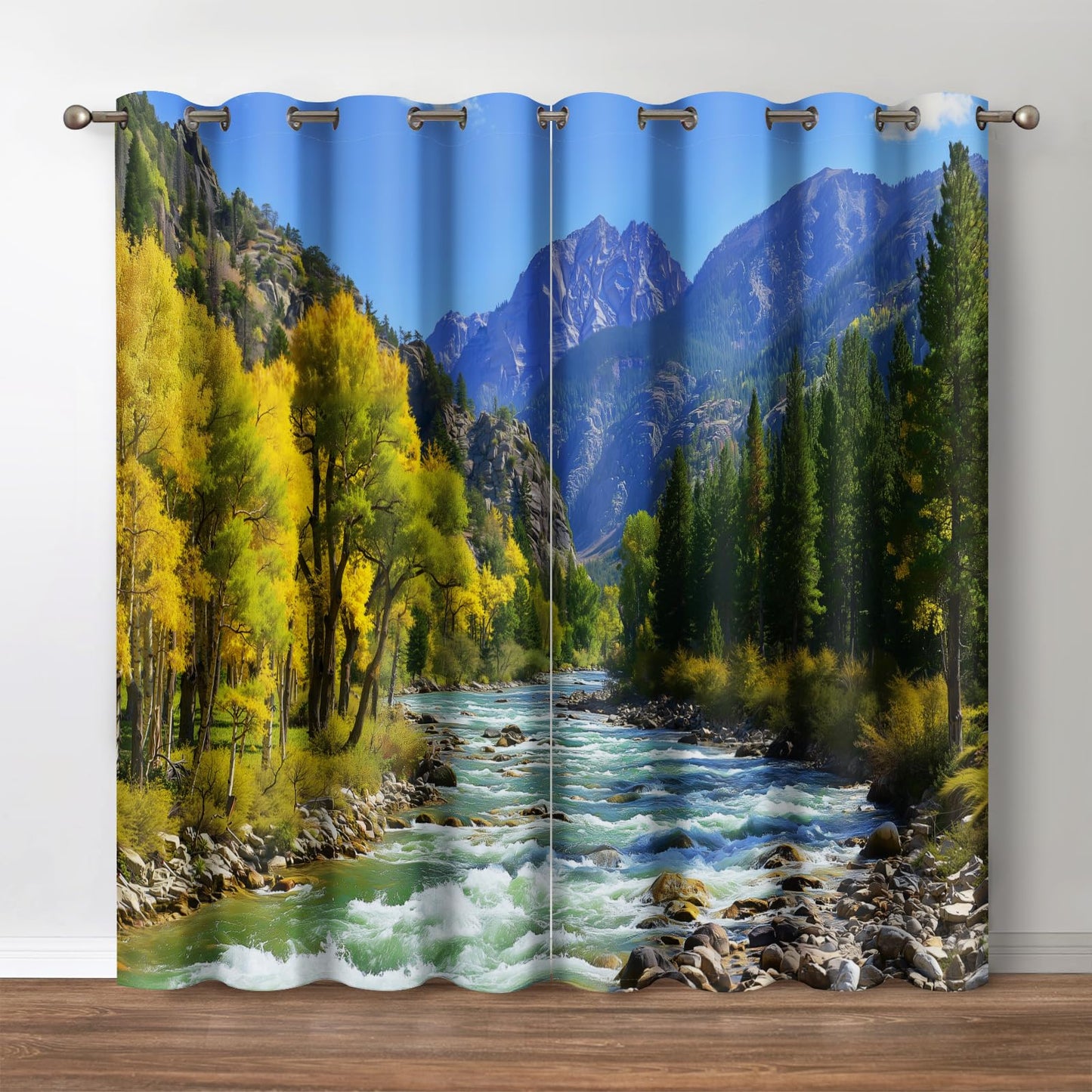 Jekeno Mountain River Curtains Jungle Forest for Bedroom Living Room Decor Nature Tree Blackout Curtain Grommet Window Drapes Landscape Wild Wilderness Scenic 2 Panel Set (52x84 Inch)