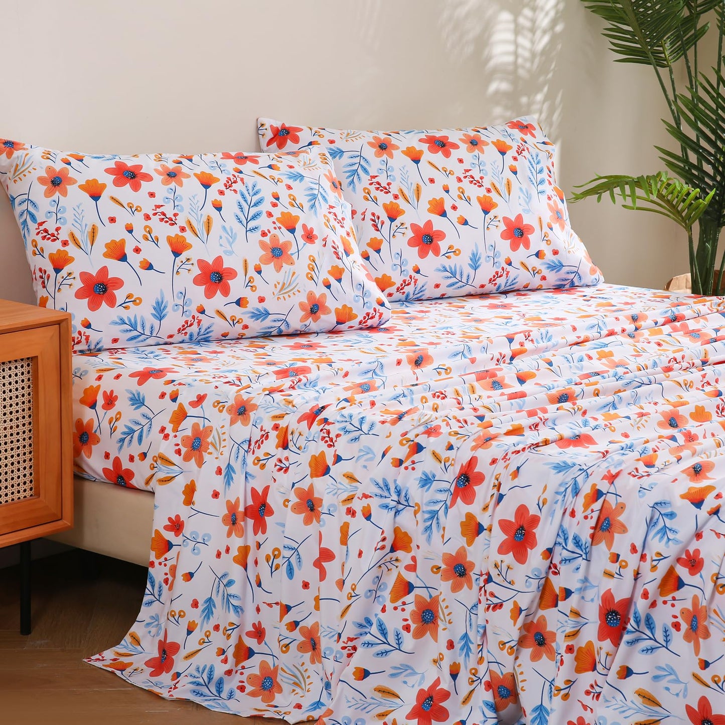 JSD Spring Floral Printed Sheet Set Queen Size, 4 Piece Flower Pattern Microfiber Bed Sheets Deep Pocket