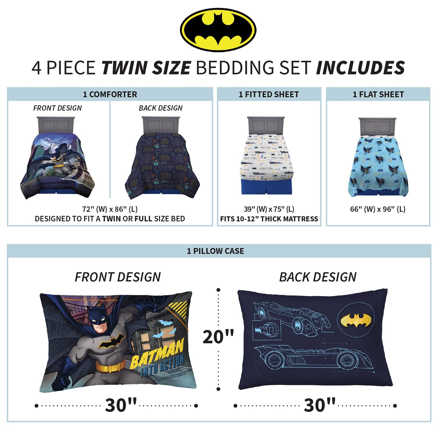 Franco Kids Bedding Super Soft Comforter and Sheet Set, 4 Piece Twin Size, Batman