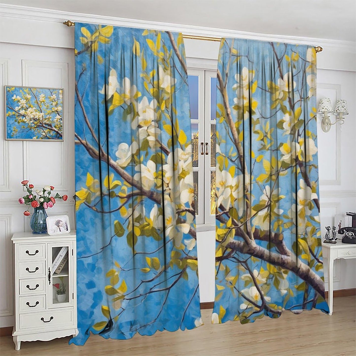SOPIYRIO Farmhouse Flower Branch Blackout Window Curtains Beautiful Flowers Tree Rod Pocket Curtains for Bedroom Thermal Insulating Drapes for Living Room 2 Panels, Each 21 W x 45 L inch