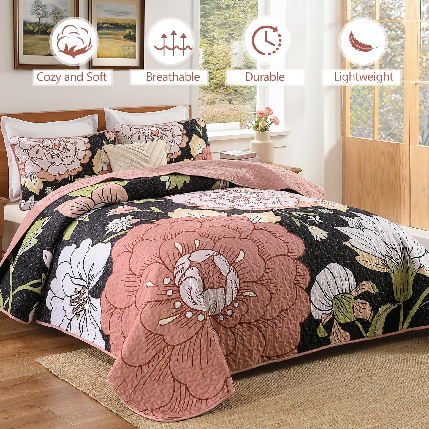 DJY Black Quilt Set Queen Size 3 Pieces Floral Boho Bedspread Coverlet Set, Soft Microfiber Black Pink Farmhouse Floral Quilted Bedding Set Reversible Bed Cover for All Season, 96''x90''