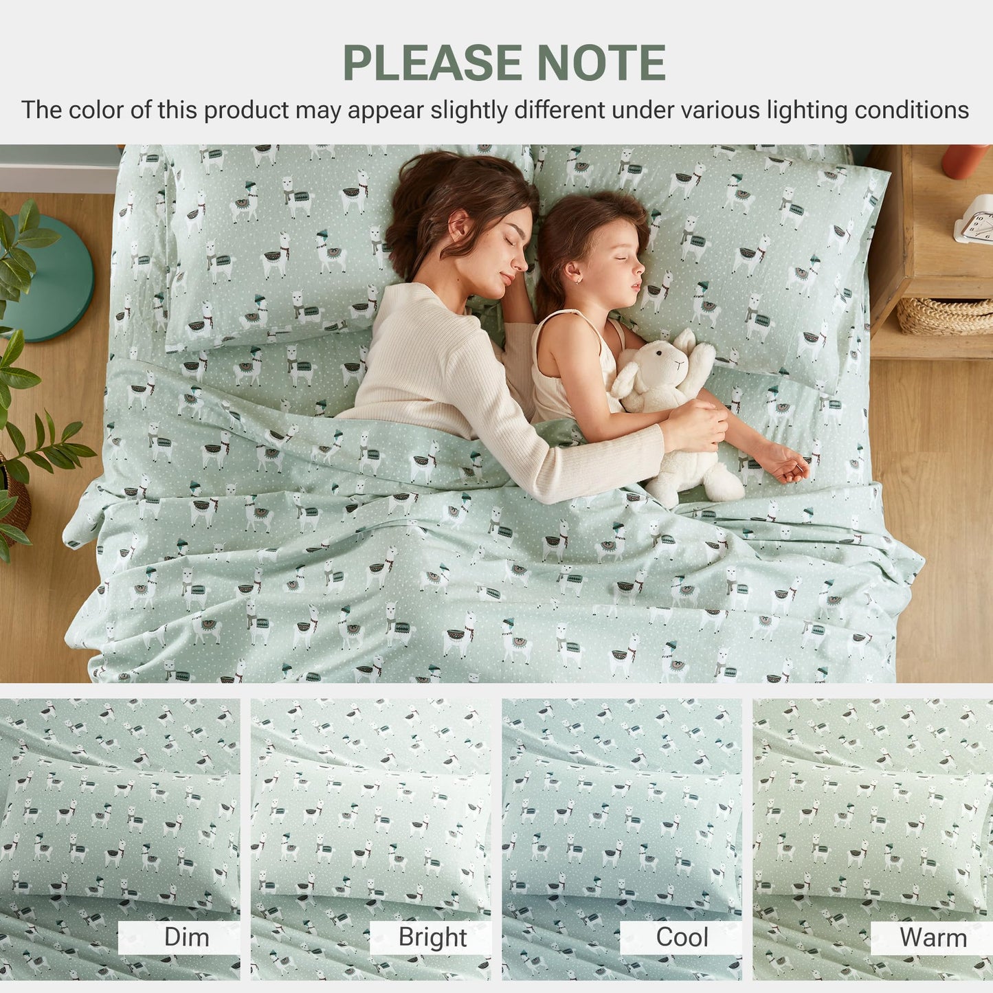 True North by Sleep Philosophy Flannel Sheets Queen Size, Cozy 100% Cotton Flannel Bed Sheets, Ultra Soft Cute Sheet Set, Novelty Print Themed Cold Weather Warm Bedding Set, Seafoam Llama 4 Piece