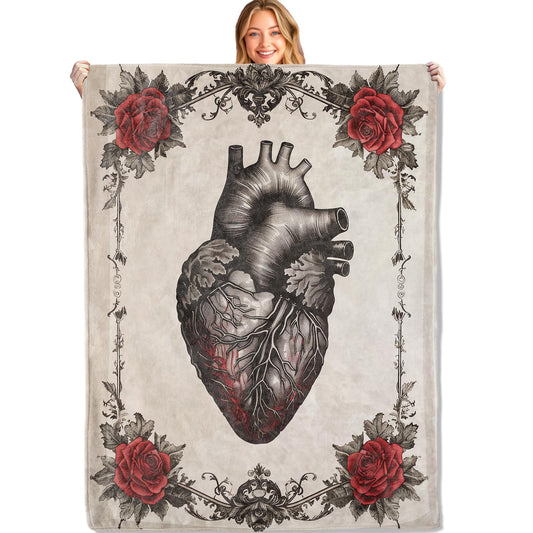 MIEPOS Gothic Anatomical Heart with Rose Throw Blanket,50x60in,Soft,Lightweight Flannel,Vintage Floral Retro Blankets - Gifts for Adult,for Couch Office Travel,Home Living Room Halloween Goth Decor