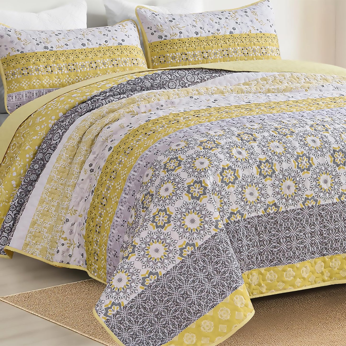 WONGS BEDDING Boho Quilt Set Queen, Yellow Bohemian Striped Patchwork Bedspread Coverlet Set with 2 Pillowcases, Microfiber Floral Bedding Set 96''×90''