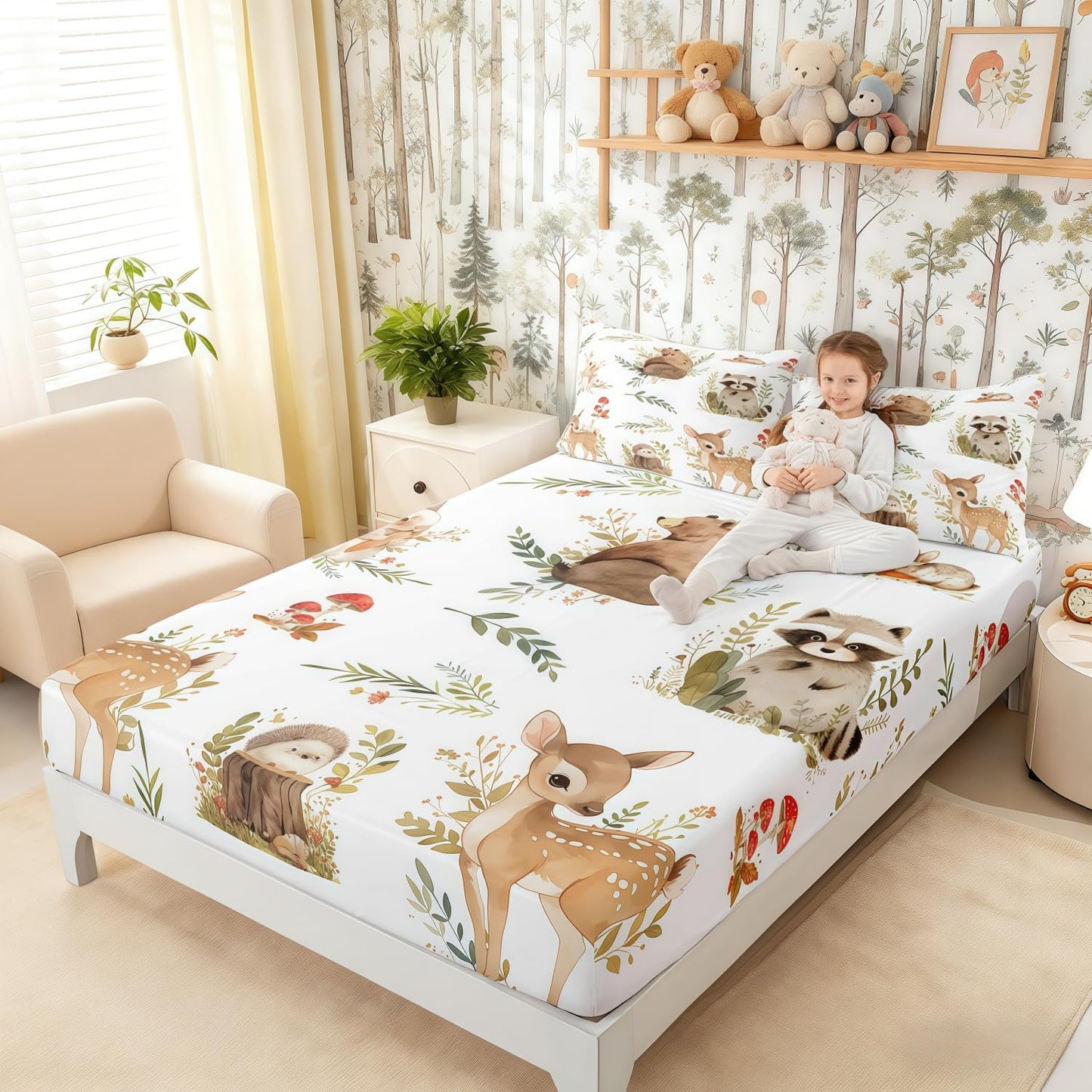 Erosebridal Woodland Animal Bed Sheets Twin Size Forest Deer Bear Sheet Set for Boys Kids Girls Cute Rabbit Hedgehog Raccoon Jungle Animal Bedding Set Cartoon Zoo Animals Flat Fitted Sheet