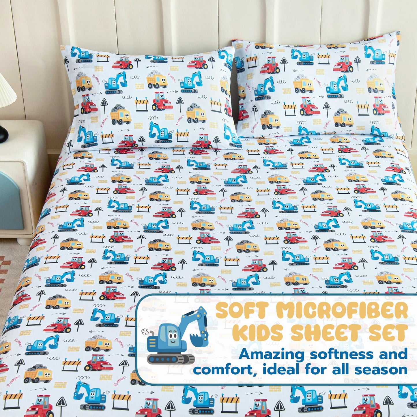 Homilay Full Sheet Set Kids - Cars 4 Pieces Soft Microfiber Cartoon Style Bedsheets for Boys Girls Teens, Oeko TEX Breathable 15 Inch Deep Pocket Sheets(Engineering Cars)