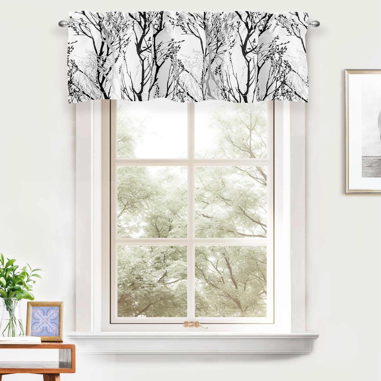 DriftAway Tree Branch Lined Valance Double Layer Blackout Thermal Insulated Abstract Ink Printing Window Curtain Valance Rod Pocket 52 Inch by 14 Inch Plus 2 Inch Header Black White 1 Pack