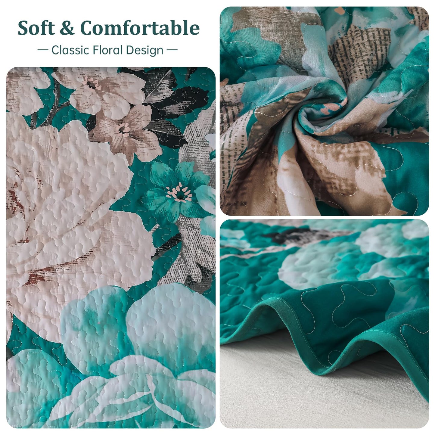 WONGS BEDDING Teal Boho Floral Quilt Set Queen, Elegant Flower Bedspread Coverlet Set for All Season, 3 Pieces Farmhouse Lightweight Reversible Bedding Set with 2 Pillow Shams 96"X90"