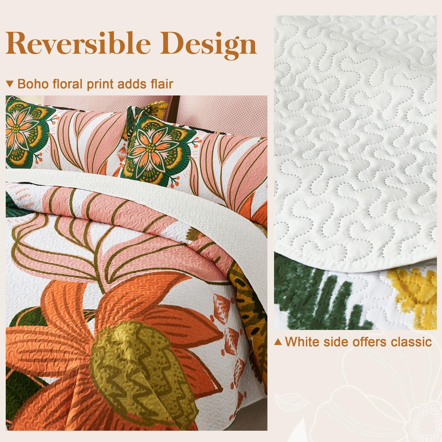 Tyrot 3 Piece Boho Floral King Size Quilt Sets Farmhouse Botanical Reversible Lightweight Bedspread Coverlet with 2 Shams Mid Century Leaves Microfiber Bedding Quilts Set for All Season, 106''x96''