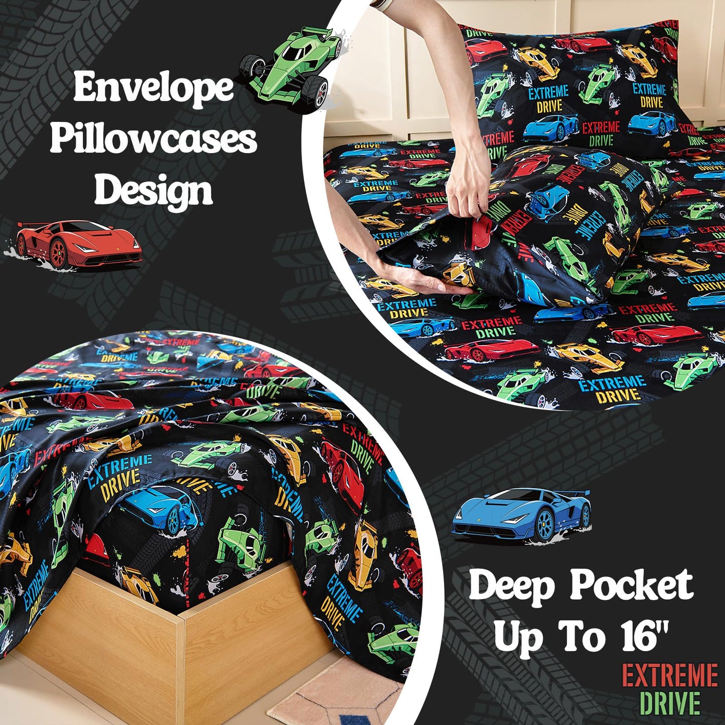 MCO Kids Full Size Bed Sheets, Soft Microfiber Full Size Sheets for Boy Girls, 4 Pieces Breathable Full Bed Sheet Race car Black