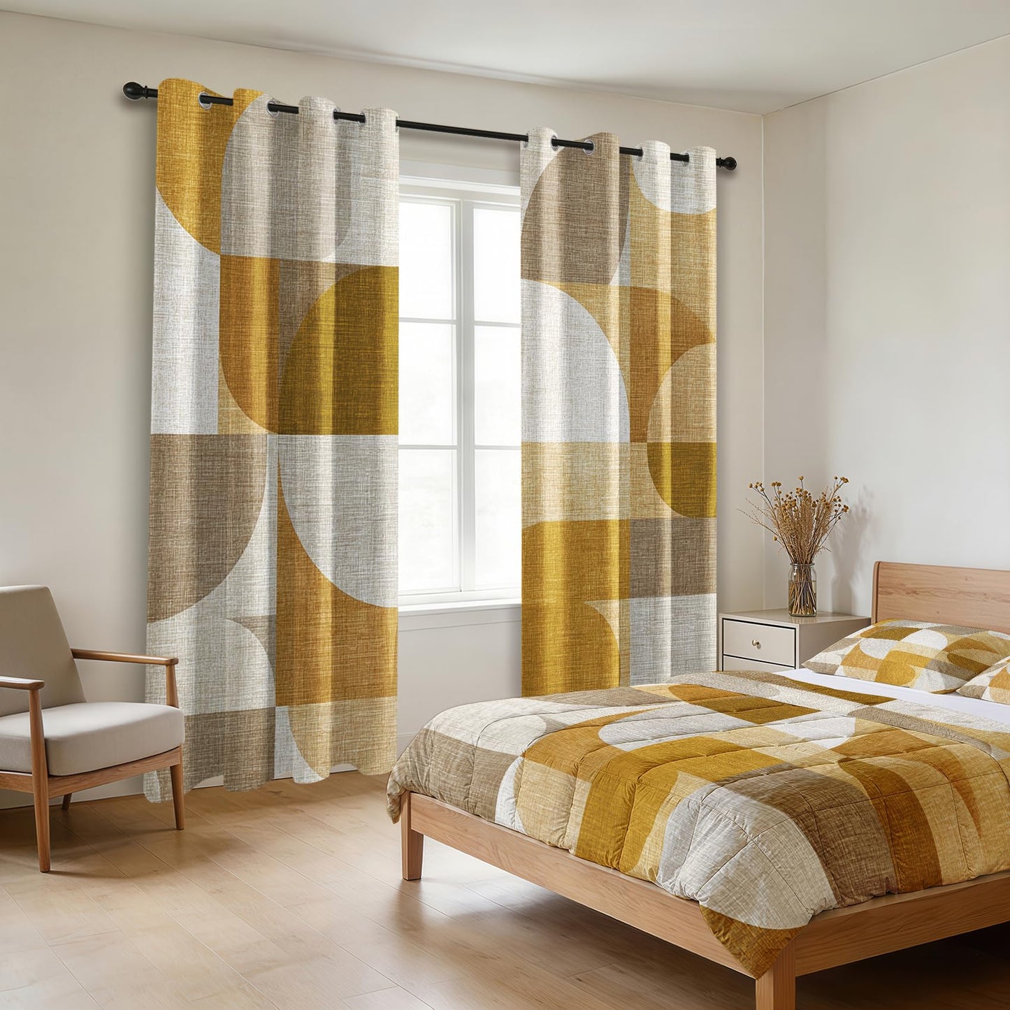 Solvivae Modern Mid Century Blackout Curtains 63 Inch Length, Abstract Geometric Mustard Curtains for Bedroom Living Room, Room Darkening Thermal Insulated Grommet Drapes, Patterned Window Treatments