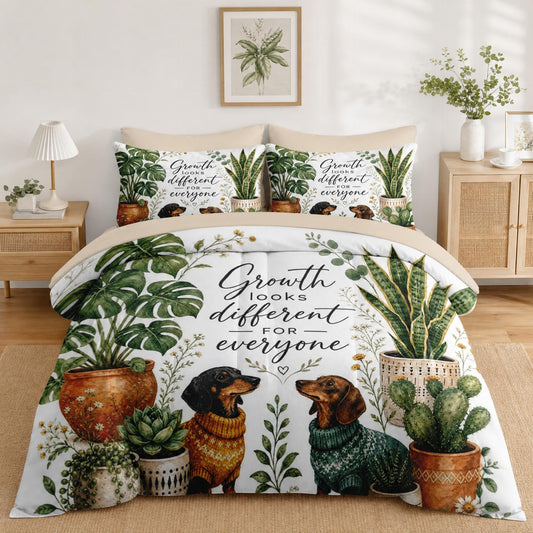 Boewywh Comforter Set Twin Size Dachshund Plant Inspirational 7 Pcs, Bedding for Kids and Adults, Bed Sheet Sets with Fitted Sheet 2 Pillowcases & 2 Shams for Bedroom Bed Decor
