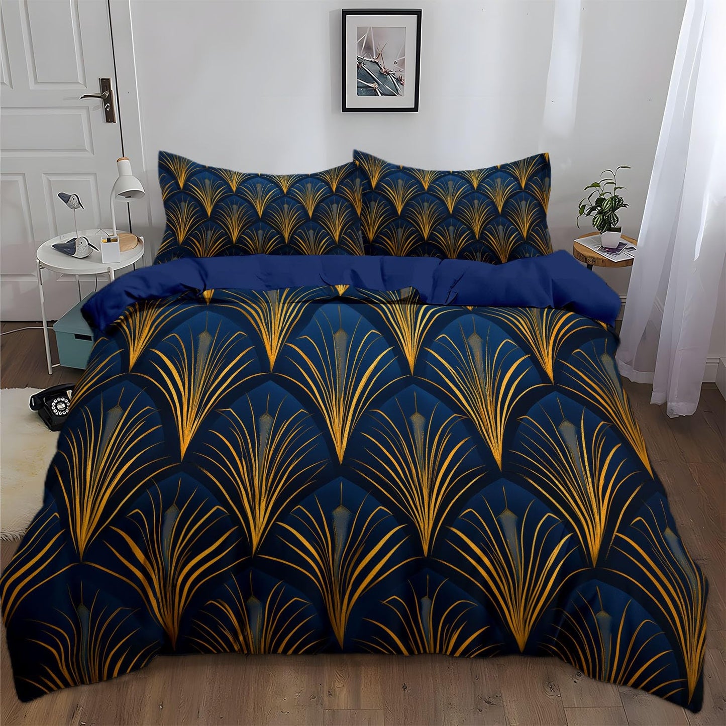 Art Deco Style Retro Leaves Microfiber Duvet Cover Set, Decorative 3 Piece Bedding Set with 2 Pillow Shams, (90 x 90 in) Queen Comforter Quilt Cover for Room Decor, Blue