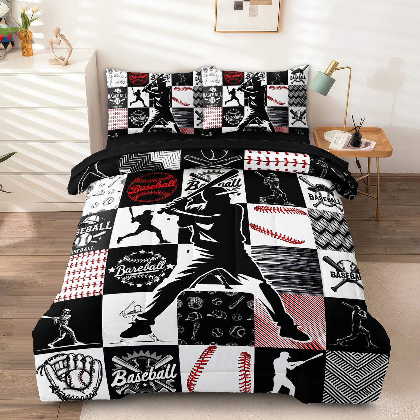 HICAND 5 Pcs Baseball Full Bedding Set for Boys Teens, Full Size Sports Cool Baseball Boys Comforter Set with Sheets