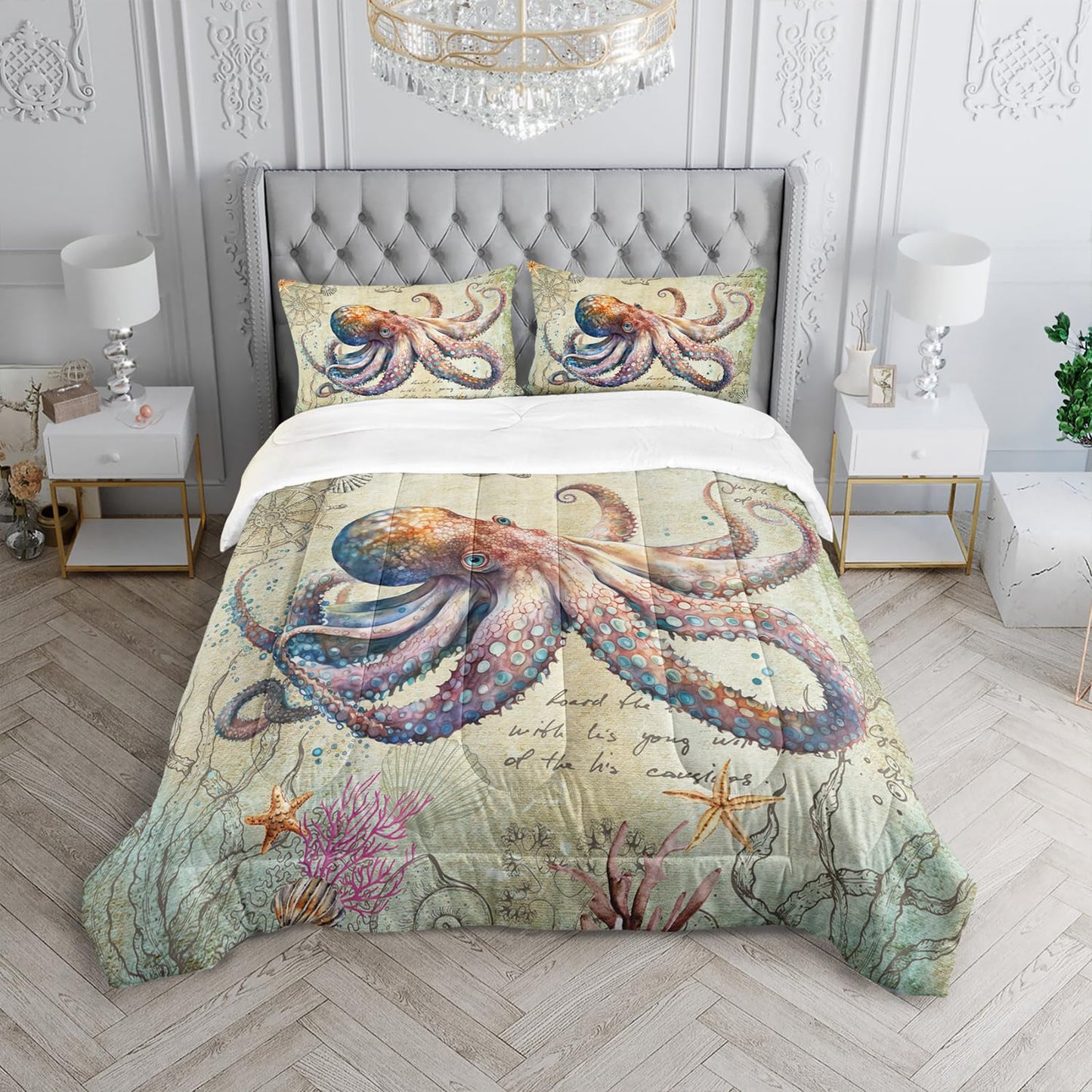 XYNHML Retro Octopus Comforter Set Twin Size 3Pcs Nautical Coastal Compass Bedding Set Starfish Jellyfish Seaweed Quilt Bed Set for Boys Girls with 1 Comforter and 2 Pillowcases