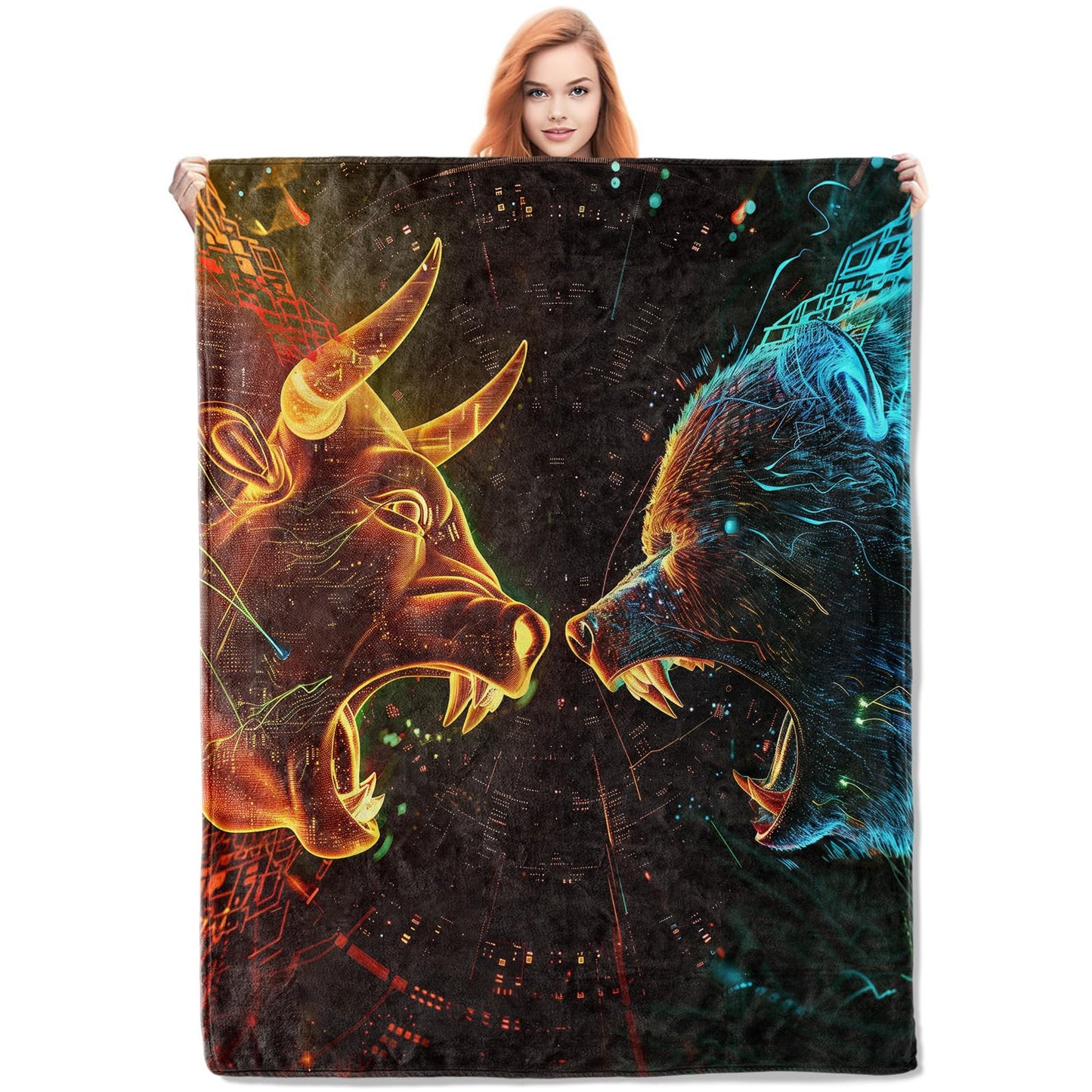 VANZEV Bull and Bear Market Throw Blanket Gifts, Soft Cozy Fleece Blanket with Neon Stock Market Print, Blanket for Couch Bed Sofa, Perfect for Traders and Finance Enthusiasts, 50x60 in