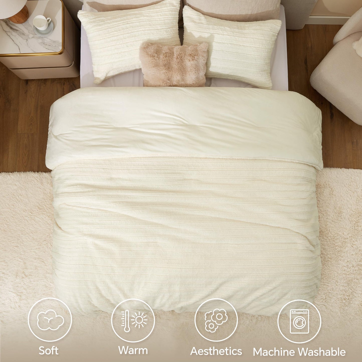 BEDELITE Fleece Queen Comforter Set -Super Soft & Warm Fluffy Cream White Faux Fur Bedding, Luxury Fuzzy Heavy Bed Set for Winter with 2 Pillow Cases