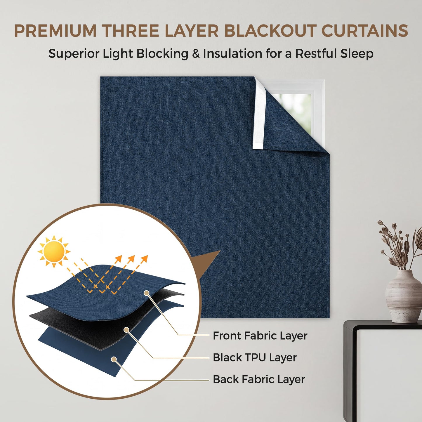 Foxdecor Blackout Curtains No Drill Hook and Loop Single Panel for Window
