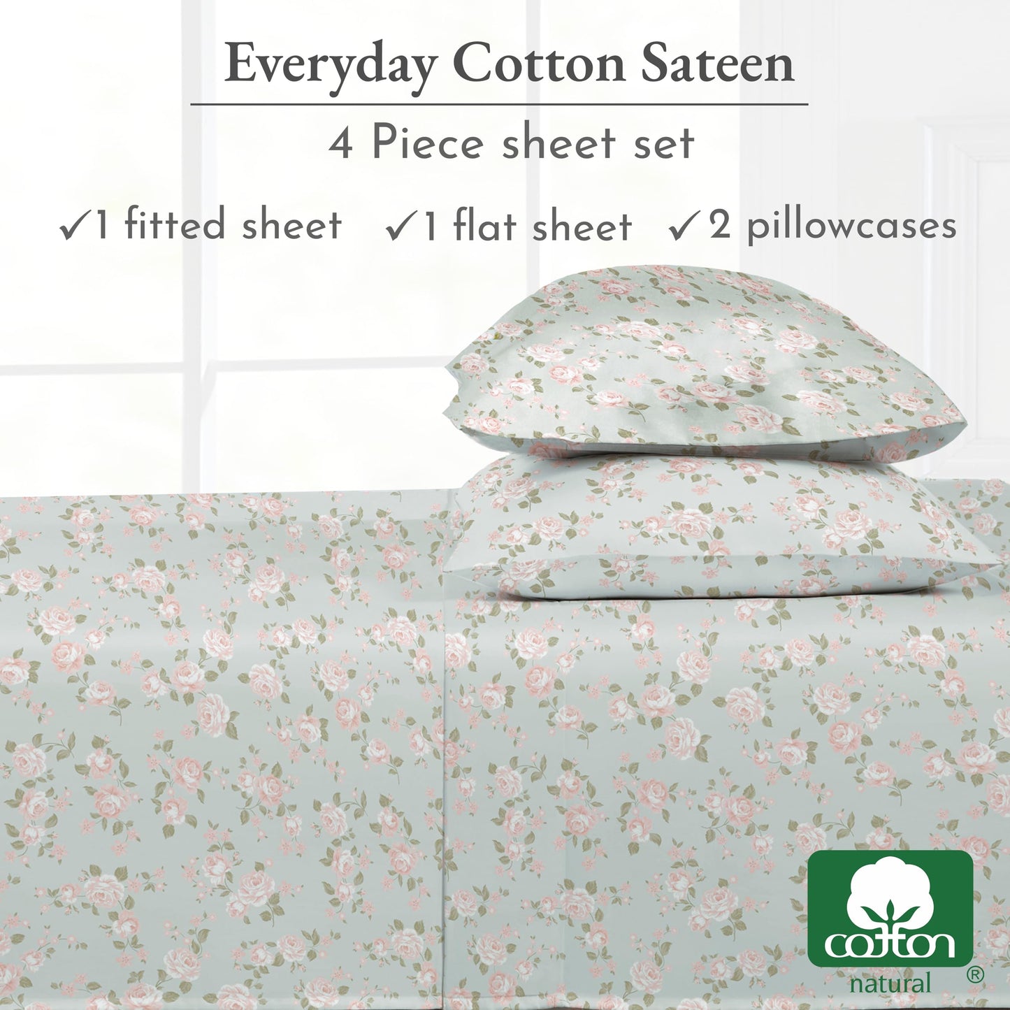 California Design Den Printed Pattern Rose Queen Sheet Set, 100% Cotton Sateen Deep Pocket Queen Sheets & Pillowcase Set - Vintage Rose