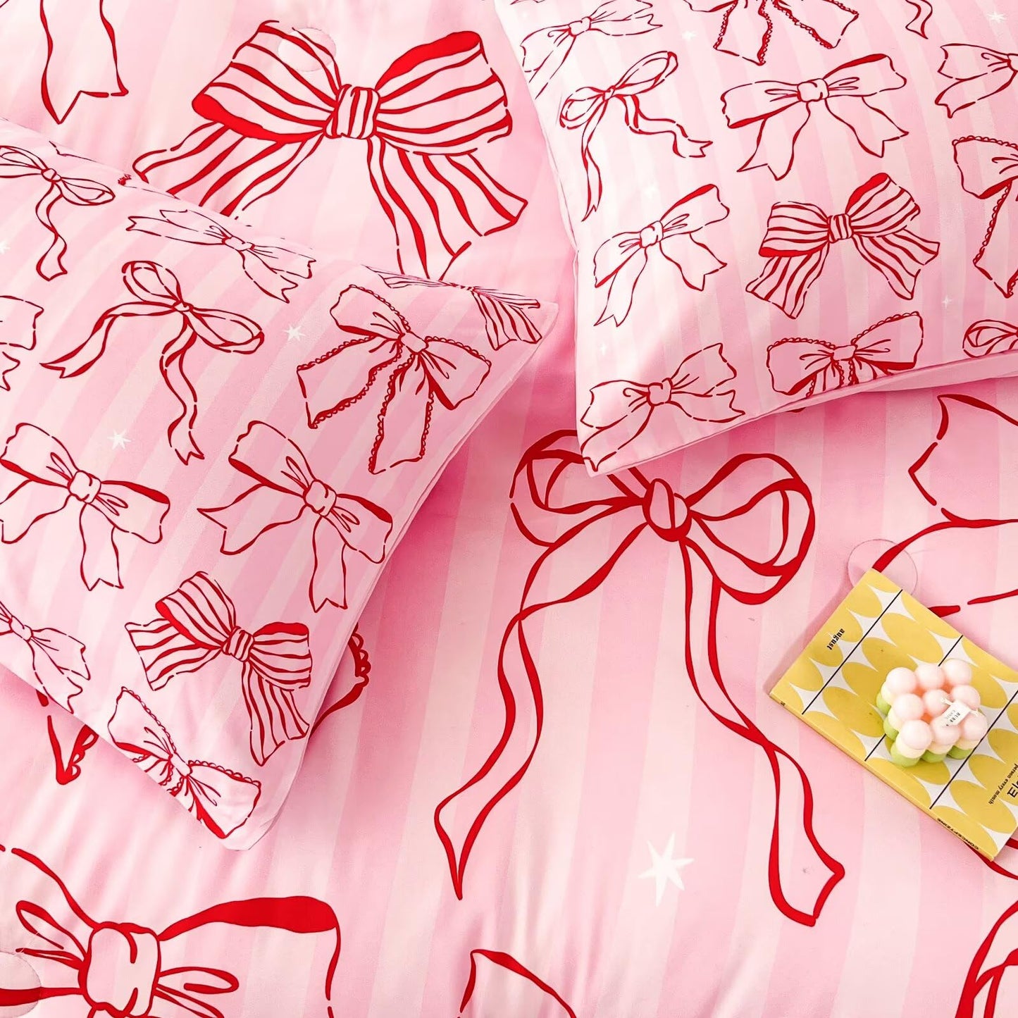 GRAT TIOC 6 Pieces Pink Bow Ribbon Comforter Set for Girls Twin,Girly Bed in A Bag Coquette Bows Bedding Set for Girl Kids (1 Comforter,1 Flat Sheet,1 Fitted Sheet,2 Pillowcases and 1 Cushion Cover)