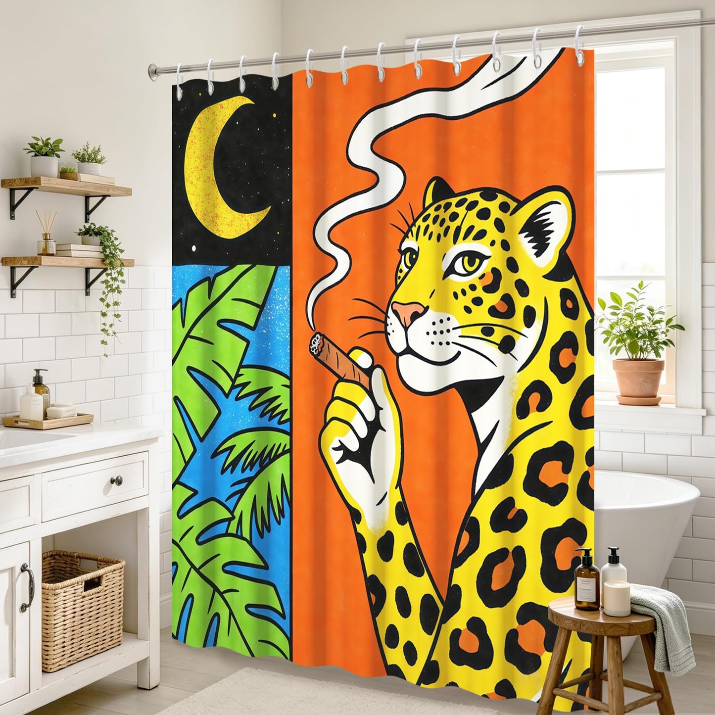 GICDSU Funny Leopard Shower Curtain with Hooks, Whimsical Abstract Tropical Shower Curtain for Bathroom,Waterproof Modern Fun Unique Shower Curtain with Smoking Cheetah Palm Moon Print, 72" x 72"