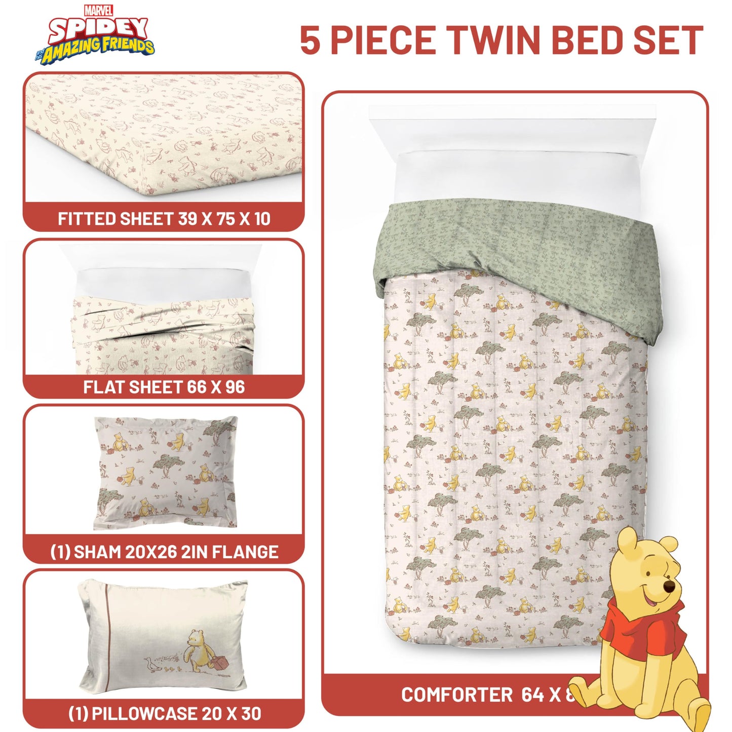Jay Franco Kids Bed Set, Beige, Winnie The Pooh, 5 Piece Twin