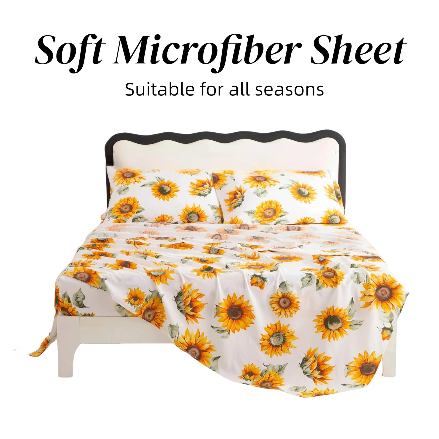 SDY Sunflower Sheets Queen，4 Pieces Floral Sheet Set,Deep Pocket Sheet for Girls,Boys and Kids.Bed in A Bag with 1 Fittedsheet+ 1 Top FlatSheet + 2 Pillowcases