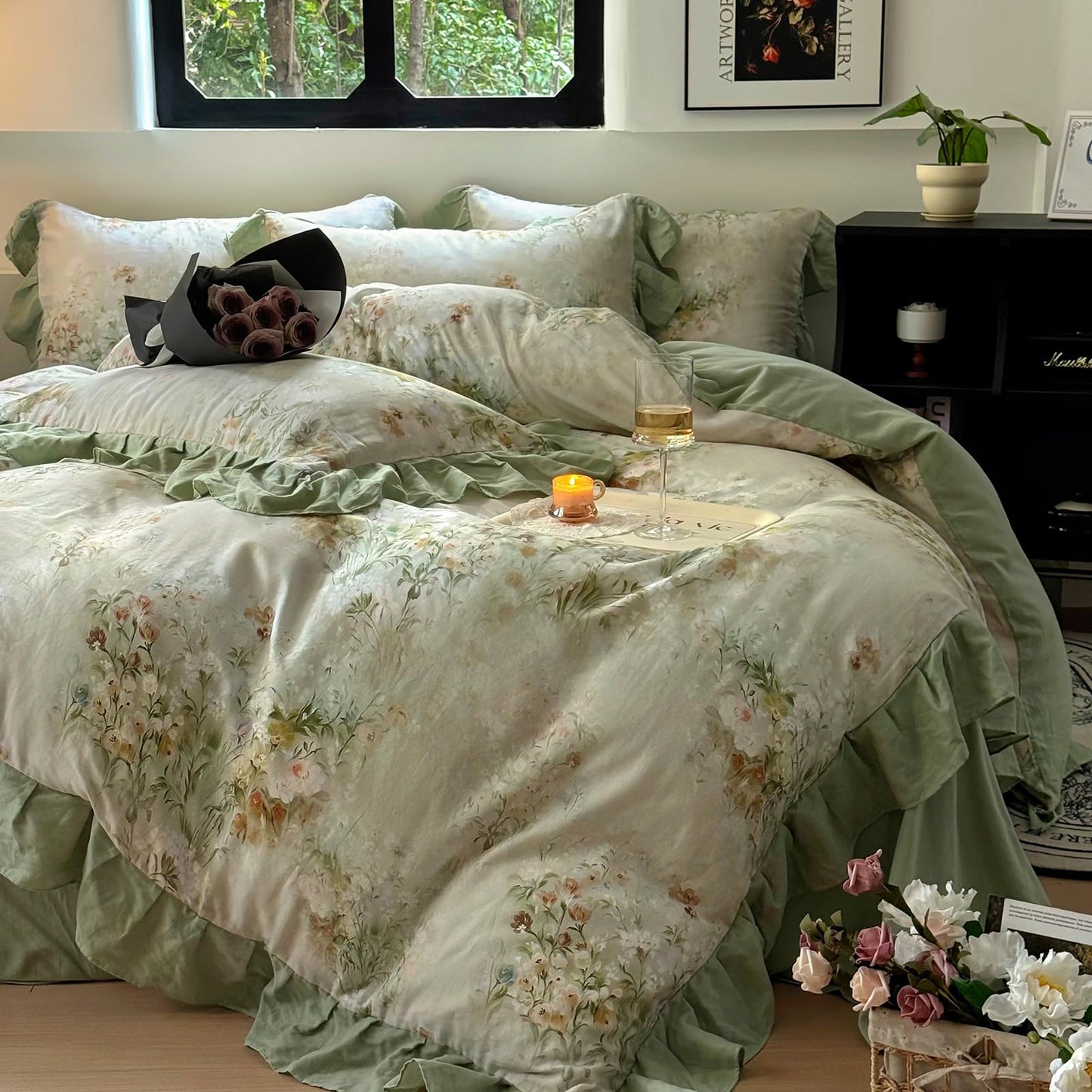 VM VOUGEMARKET Flower Duvet Cover Set, Sage Green Ruffled, Queen 90x90
