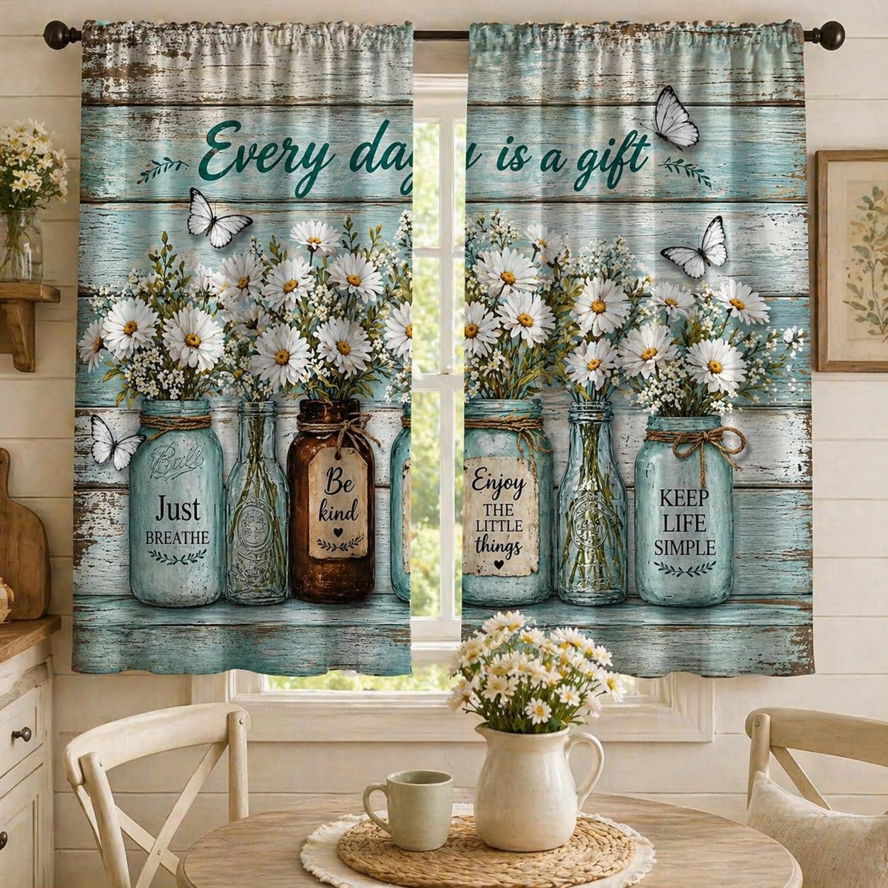 Farmhouse Kitchen Curtains for Windows, Rustic Blue Wood Wildlife Daisy Cafe Curtains Inspirational Quotes Every Day is a Gift Small Window Treatment for Bathroom Laundry Room 2 Panels 21x45 Inch