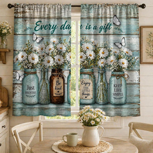 Farmhouse Kitchen Curtains for Windows, Rustic Blue Wood Wildlife Daisy Cafe Curtains Inspirational Quotes Every Day is a Gift Small Window Treatment for Bathroom Laundry Room 2 Panels 21x45 Inch