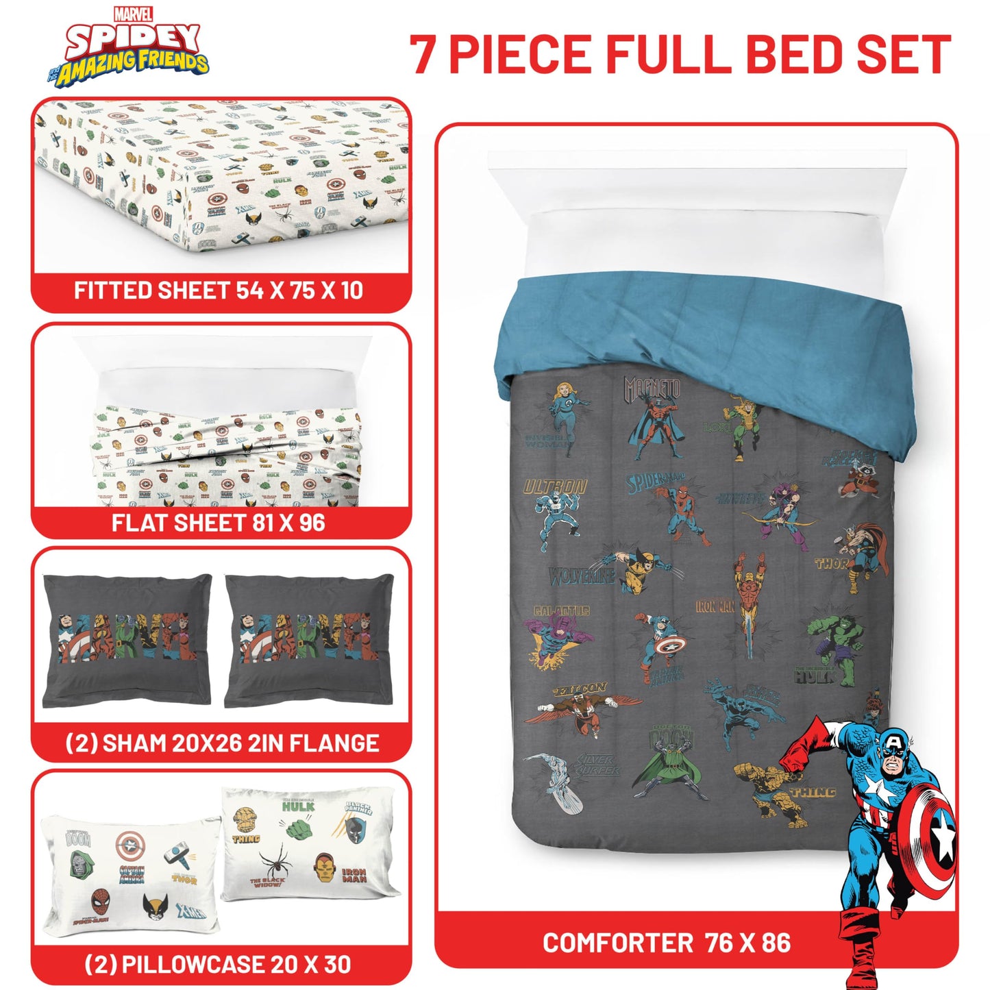 Jay Franco Kids Comforter Set Includes Sheets and Pillow Covers - Soft and Cozy Bed Set for Stylish Room Decor, Official Licensed Bedding, Gray - Marvel Comics, 7 Piece Full