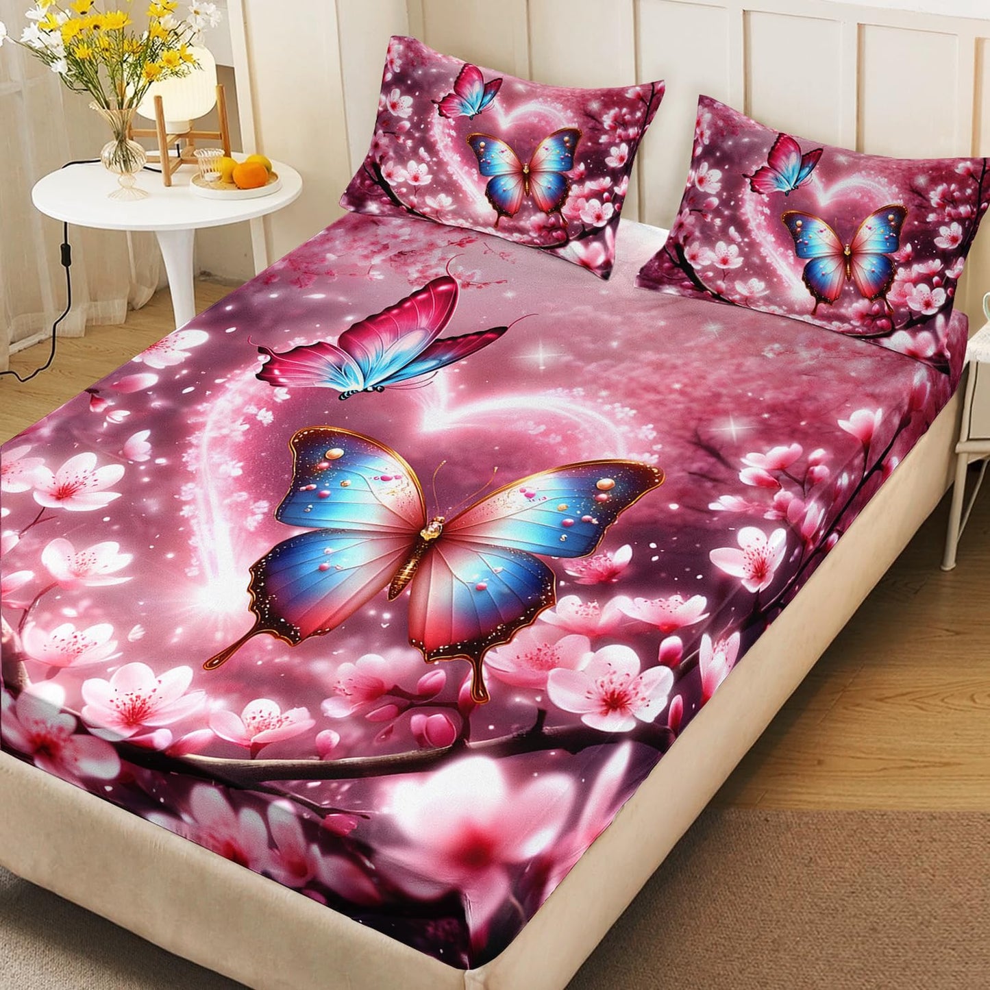 AILONEN Butterfly Butterfly Fitted Sheet Set for Girls,Pink Cherry Blossoms Butterflies Bedding Set Gifts Twin XL Size,Romantic Moments Bed Sheet Set for Cat Lovers,1 Sheet Set + 2 Pillowcase