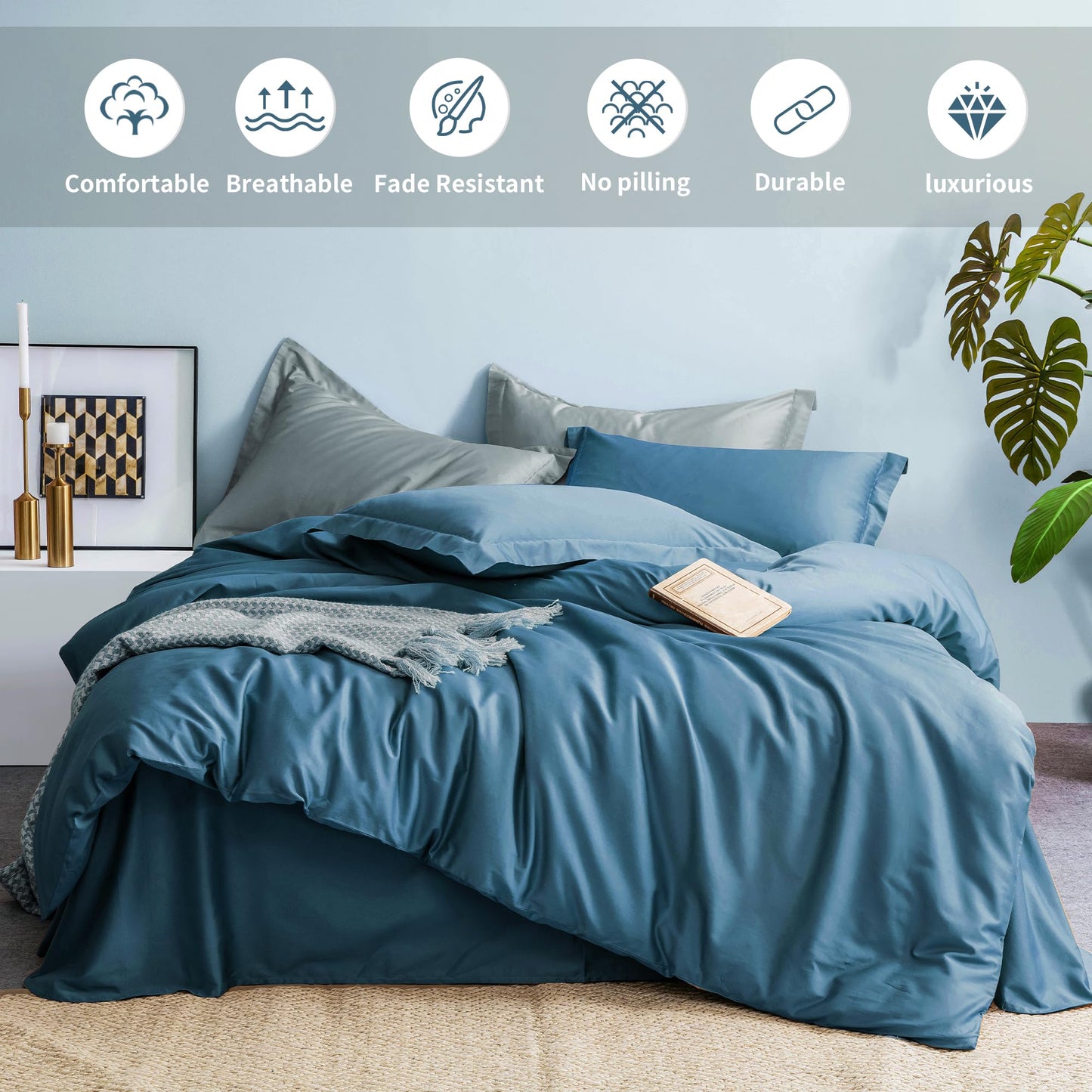 MILDLY 100% Long-Staple Cotton Duvet Cover Set Queen Size Teal Blue Comforter Cover Sets Ultra Soft Bedding Set 3 PCS with Zipper Closure & Corner Tie (No Comforter)