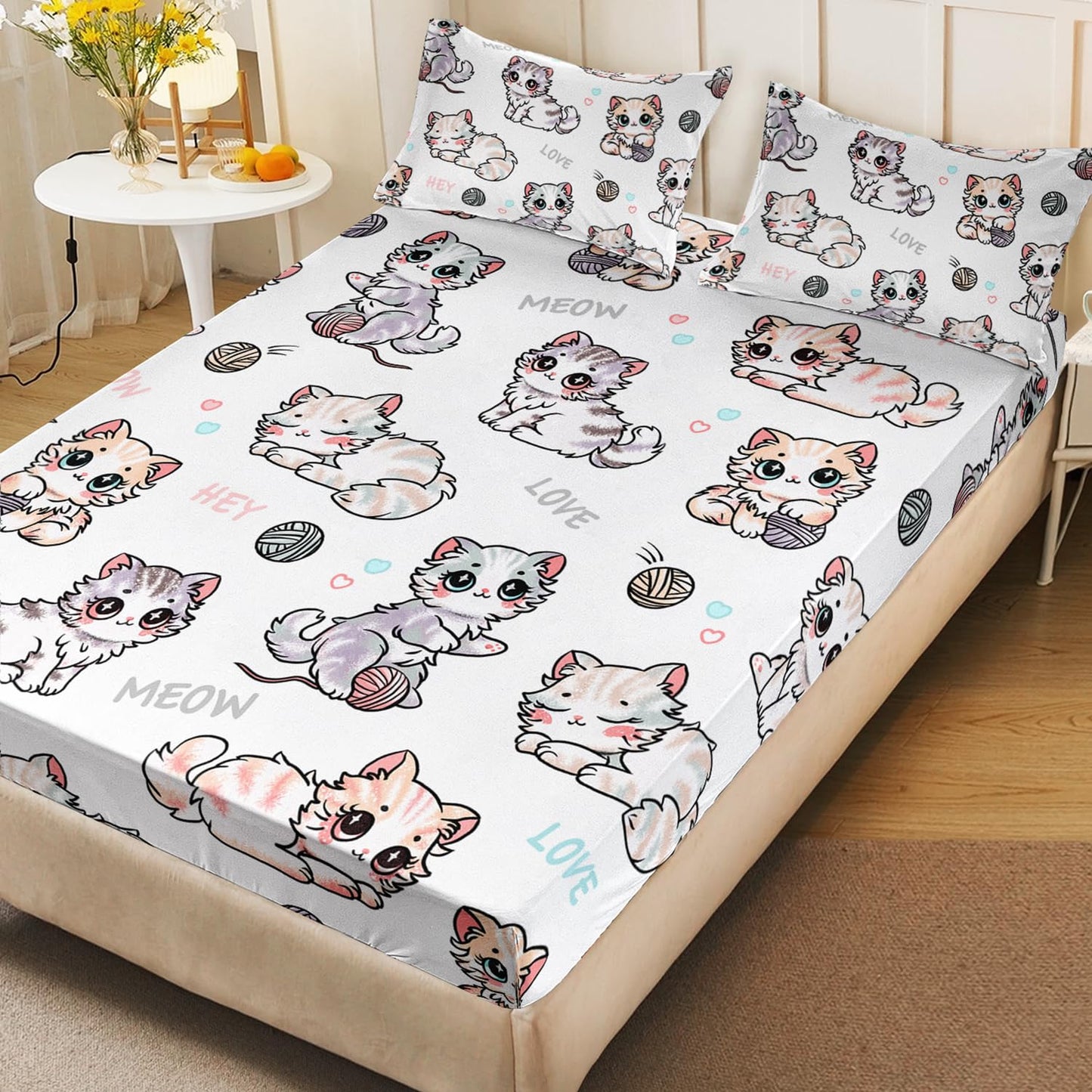 AILONEN Kids Cute Cat Fitted Sheet Set Twin Size, Cartoon Cat Print Bedding Set for Girls,Kawaii Animal Theme Microfiber Bed Sheet Set for Bedroom Decor,1 Fitted Sheet and 2 Pillowcases,3 Pieces
