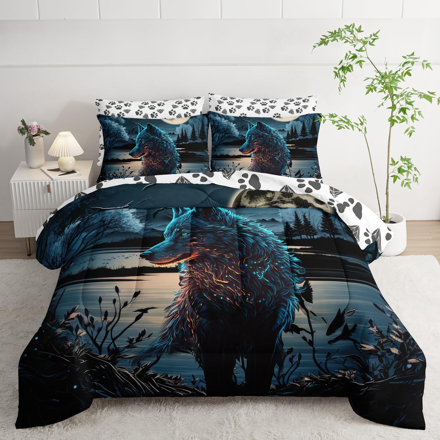 AILONEN Boys Wolf Comforter Set Twin Size,7-Piece Soft Bed in a Bag,Safari Animal Wolf Comforter & Fitted Sheet & Flat Sheet & 2 Pillowcases,2 Pillow Shams for Room