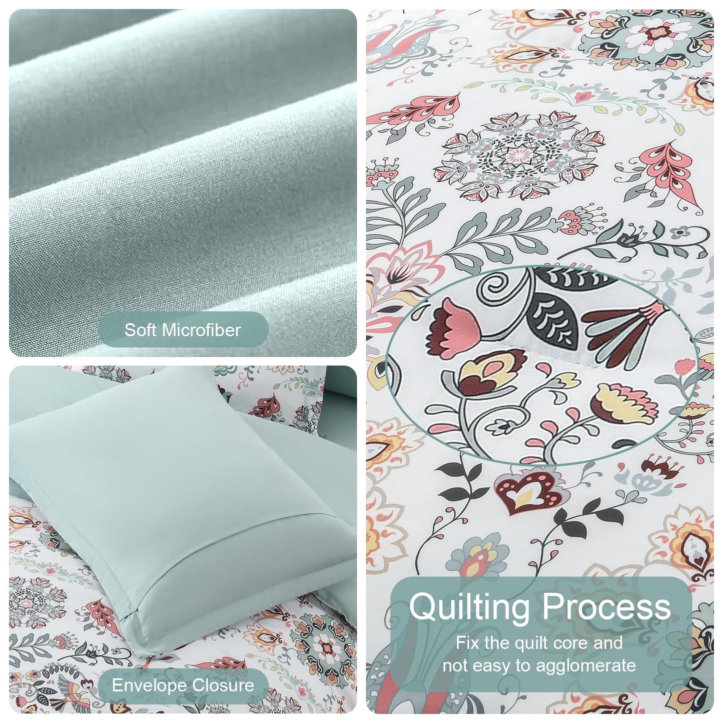 Boho Comforter Set Queen - 7 Pieces Bed in a Bag Floral Design, Bohemian Comforter Set with Sheets, Soft Microfiber Complete Bedding Sets All Season (Light Green, Queen)