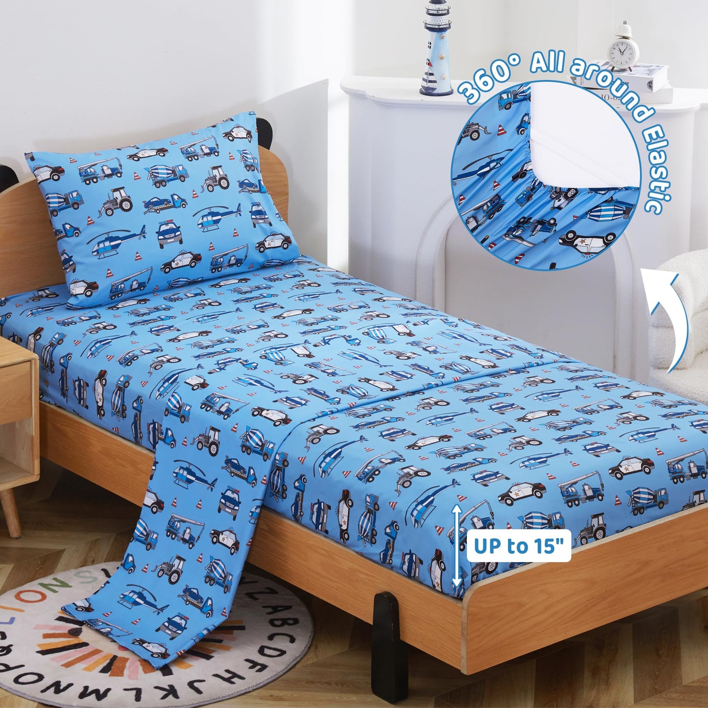 Viviland 3 Pieces Boys Police Car Twin Sheet Set - Soft Microfiber Fitted Flat Sheets & Pillowcase Bed Sheet Set - Blue Airplane Print Bedding Sets for Kids