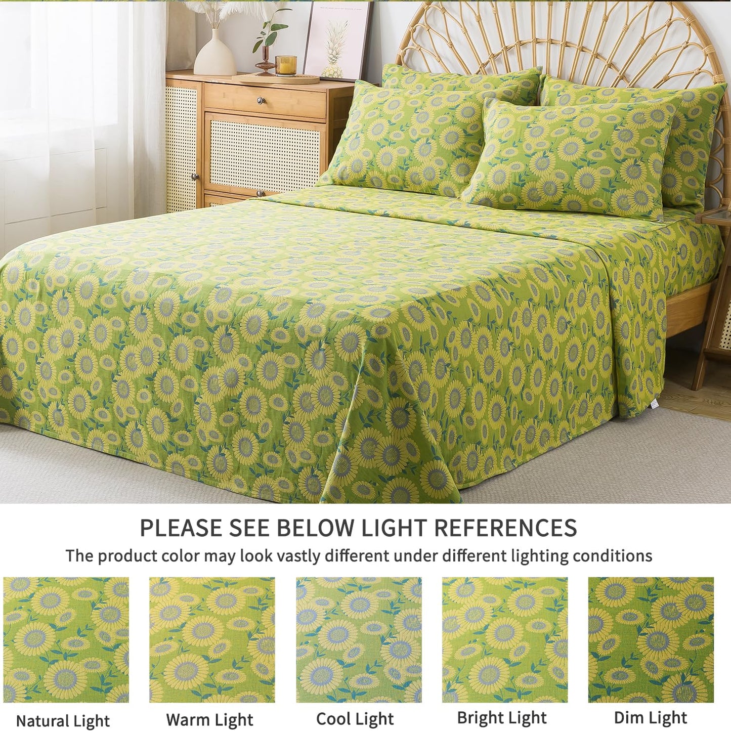 FADFAY Double Gauze 100% Cotton Queen Sheet Set, Soft Floral Sunflower Bedding, Deep Pocket Fitted Sheet, Shabby Vintage Countryside Style Breathable Bed Sheets, 4-Piece