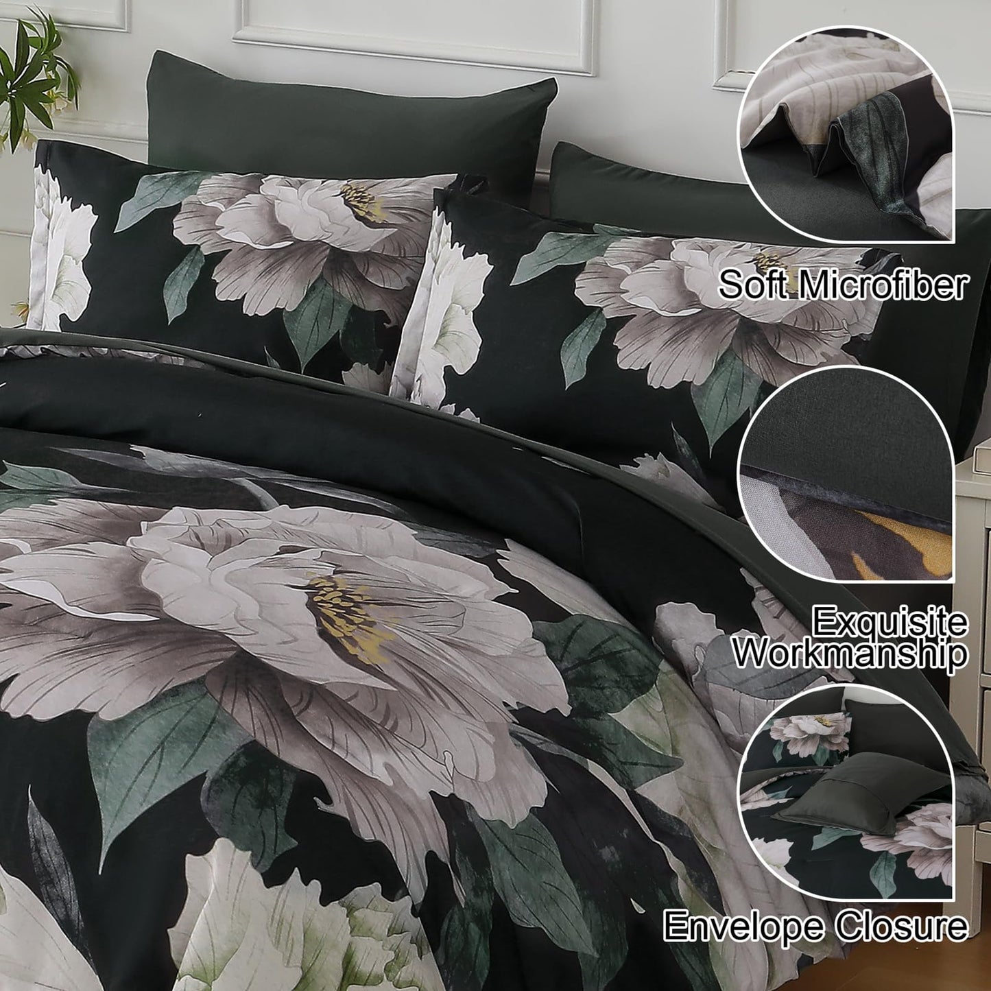 Dobuyly Black Comforter Set Queen 7 Piece Bed in a Bag, Floral Comforter Set with Sheets, Soft Microfiber Botanical Flower Bedding Set for All Season